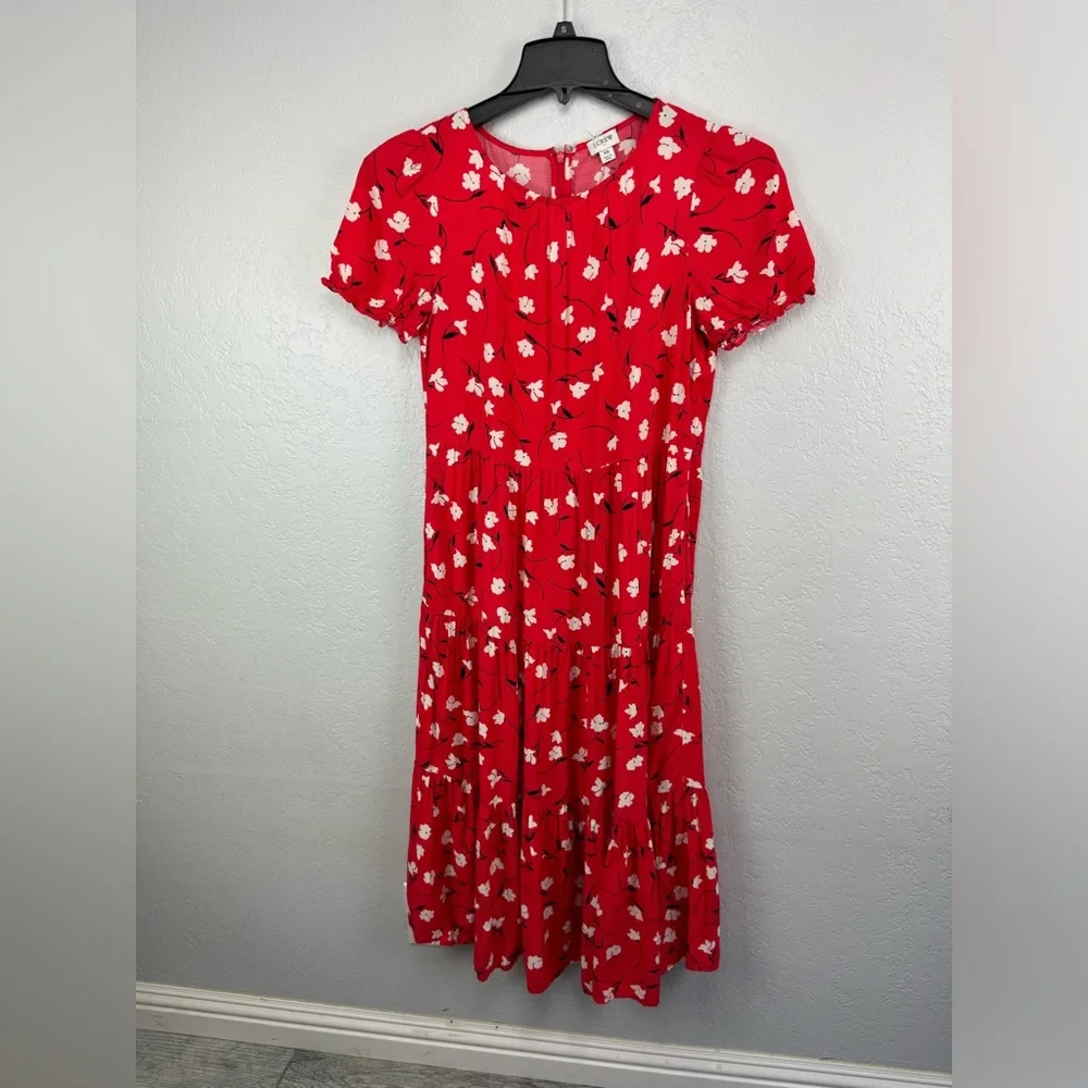 J. Crew Red Orange Floral Puff Sleeve Tiered Midi Dress sz.XS